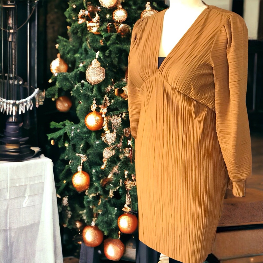 SALE | Pleated Gold Midi Dress  long balloon sleeves and Deep V Plunge Front